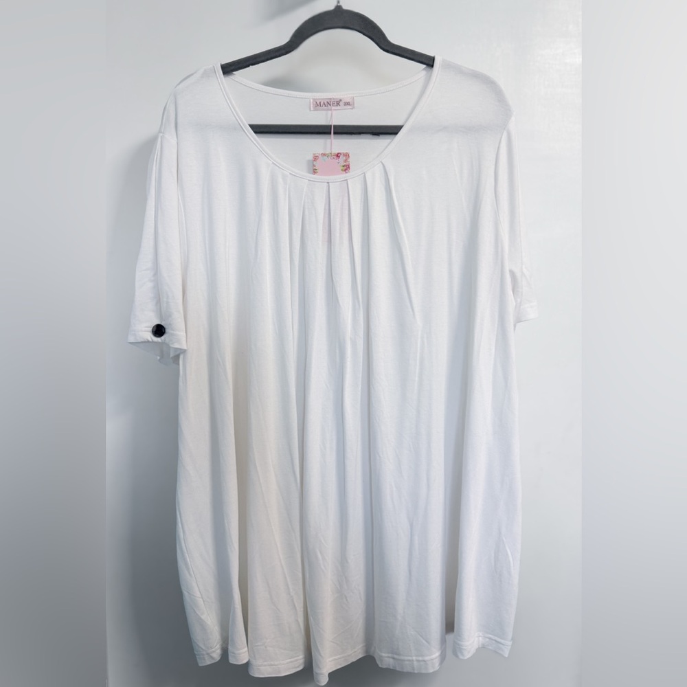 MANER 3XL White Pleated Blouse Semi Sheer Lightweight Top